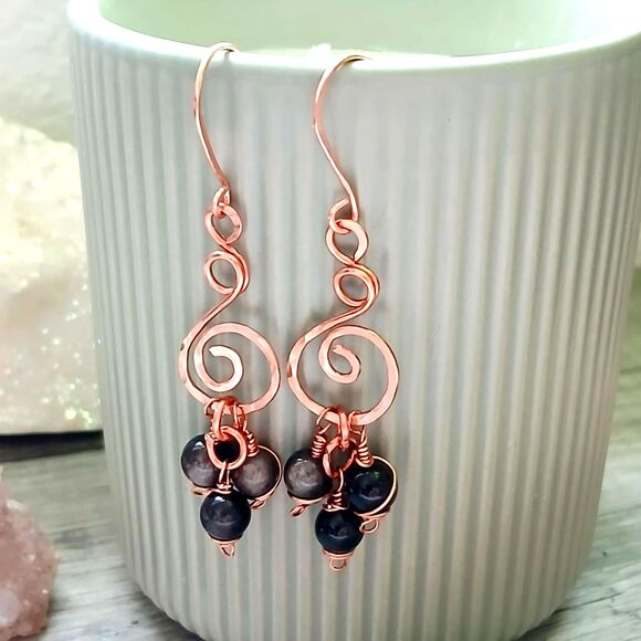 Handmade Jewelry - Boho Chic Obsidian Crystal Dangle Earrings, Hammered Copper Gemstone Jewelry